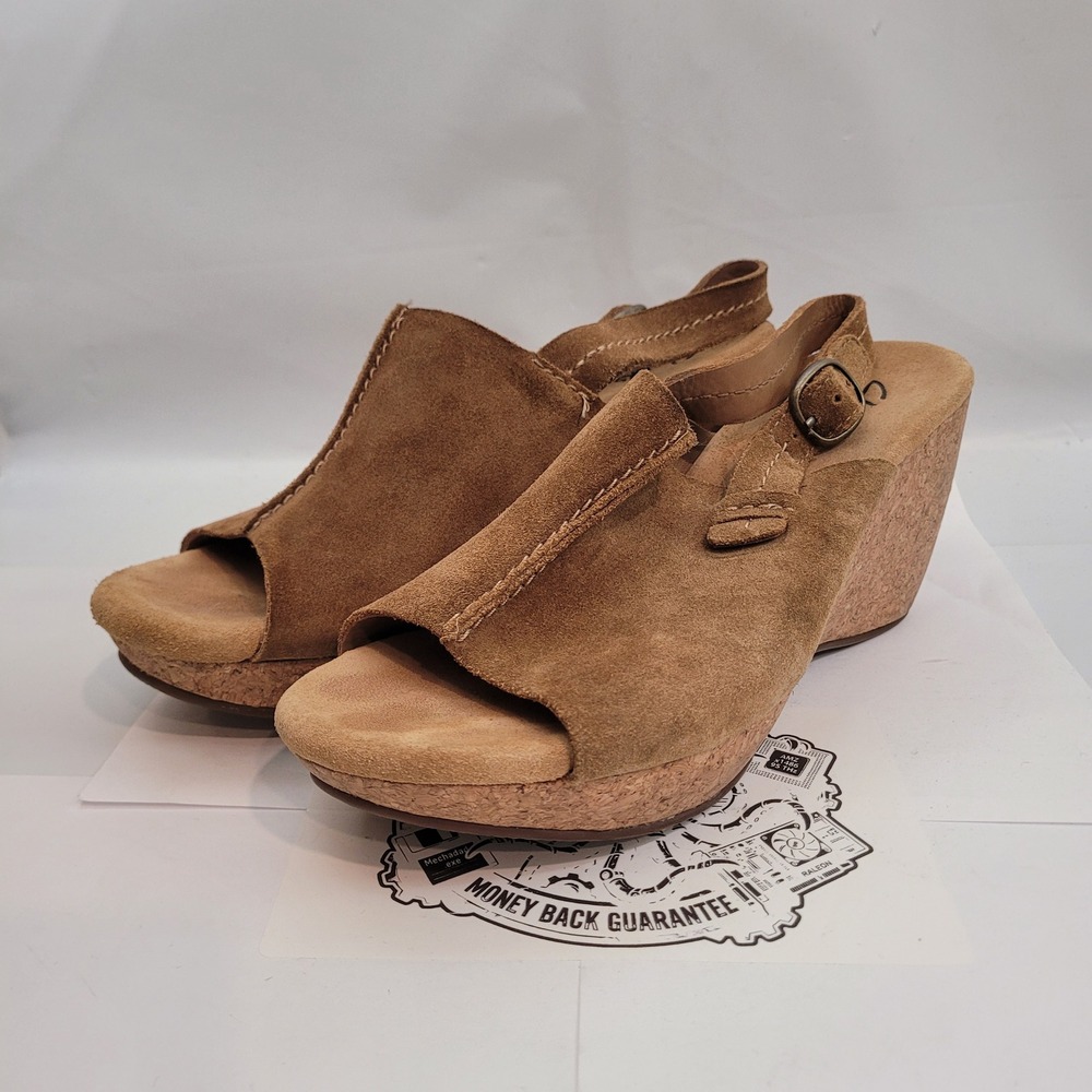 Clarks Wedge Sandals Womens 8.5 M Brown Leather Suede Cork Slingback 85611